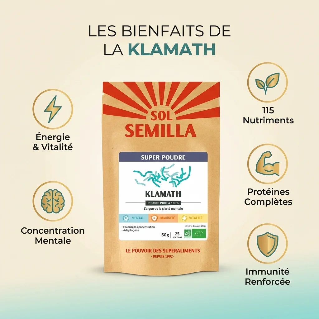 Klamath Crue Poudre Bio 50G Sol Semilla avec infographie des 5 bienfaits : énergie, nutriments, protéines, immunité, concentration