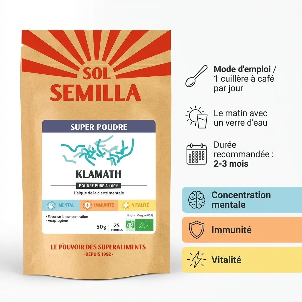 Klamath Crue Poudre Bio 50g Sol Semilla avec posologie et bénéfices : concentration, immunité, vitalité