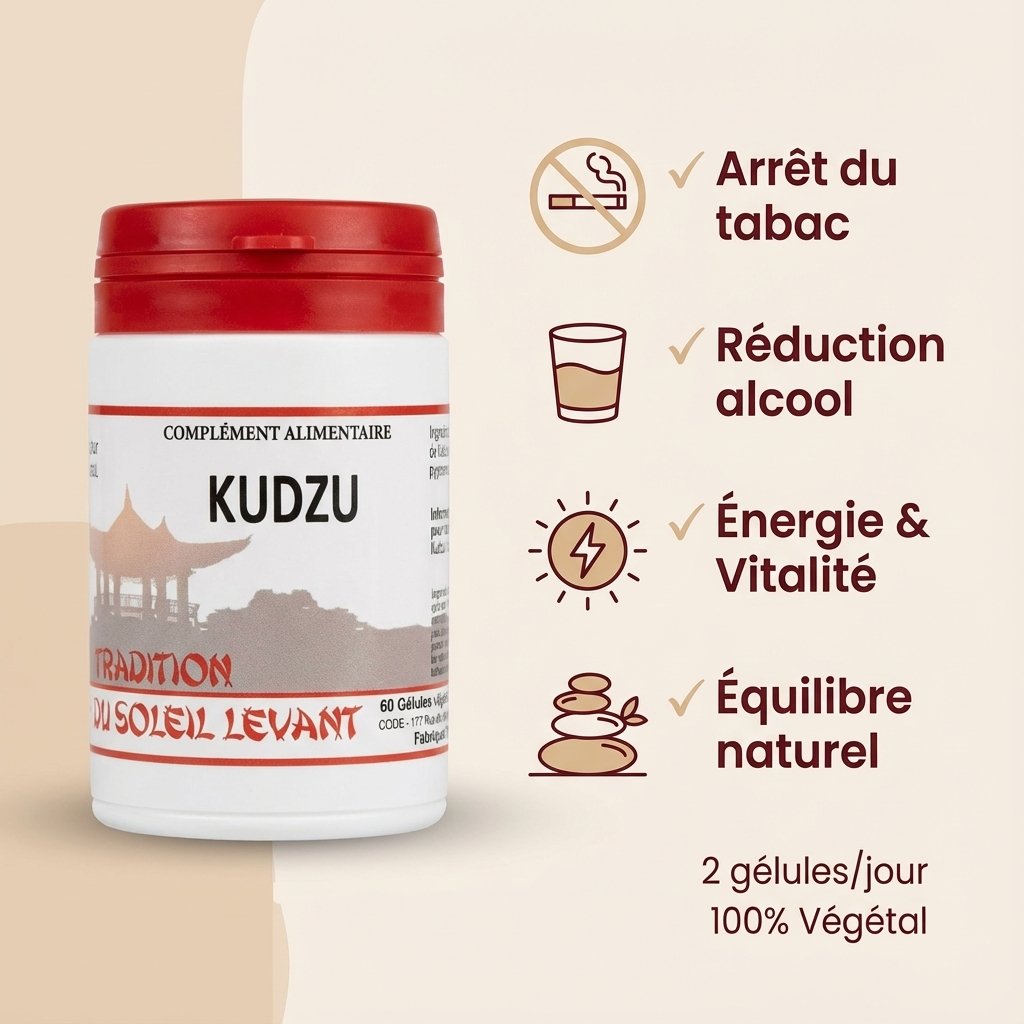 Kudzu 60 gélules avec bénéfices : arrêt tabac, réduction alcool, énergie et équilibre naturel