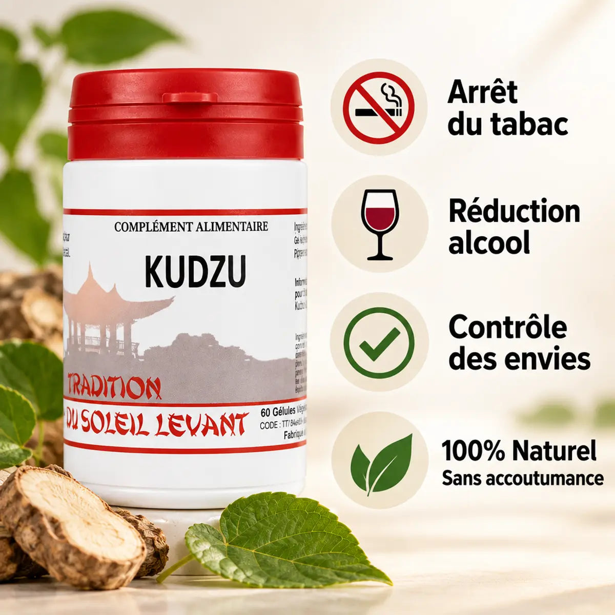Kudzu 60 gélules avec bénéfices : arrêt tabac, réduction alcool, contrôle envies, 100% naturel