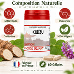 Flacon Kudzu 60 gélules rouge et blanc avec infographies d'ingrédients naturels et illustration plante kudzu