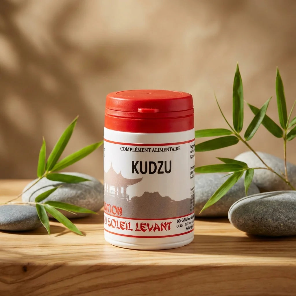 Kudzu 60 gélules complément alimentaire sur surface zen avec bambou et pierres lisses