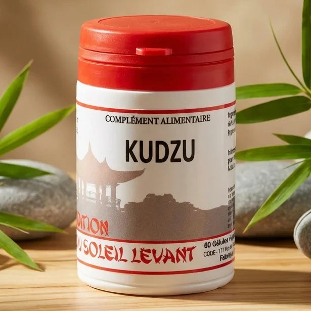 Kudzu 60 gélules complément alimentaire sur surface zen avec bambou et pierres lisses