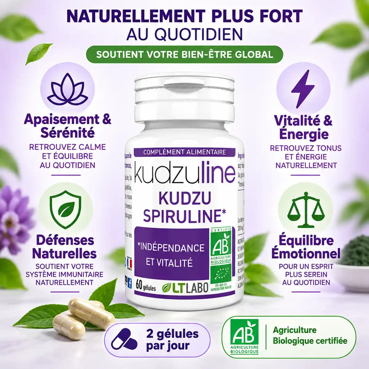 Kudzuline BIO LT Labo 60 gélules Kudzu Spiruline avec bénéfices bien-être et certification biologique