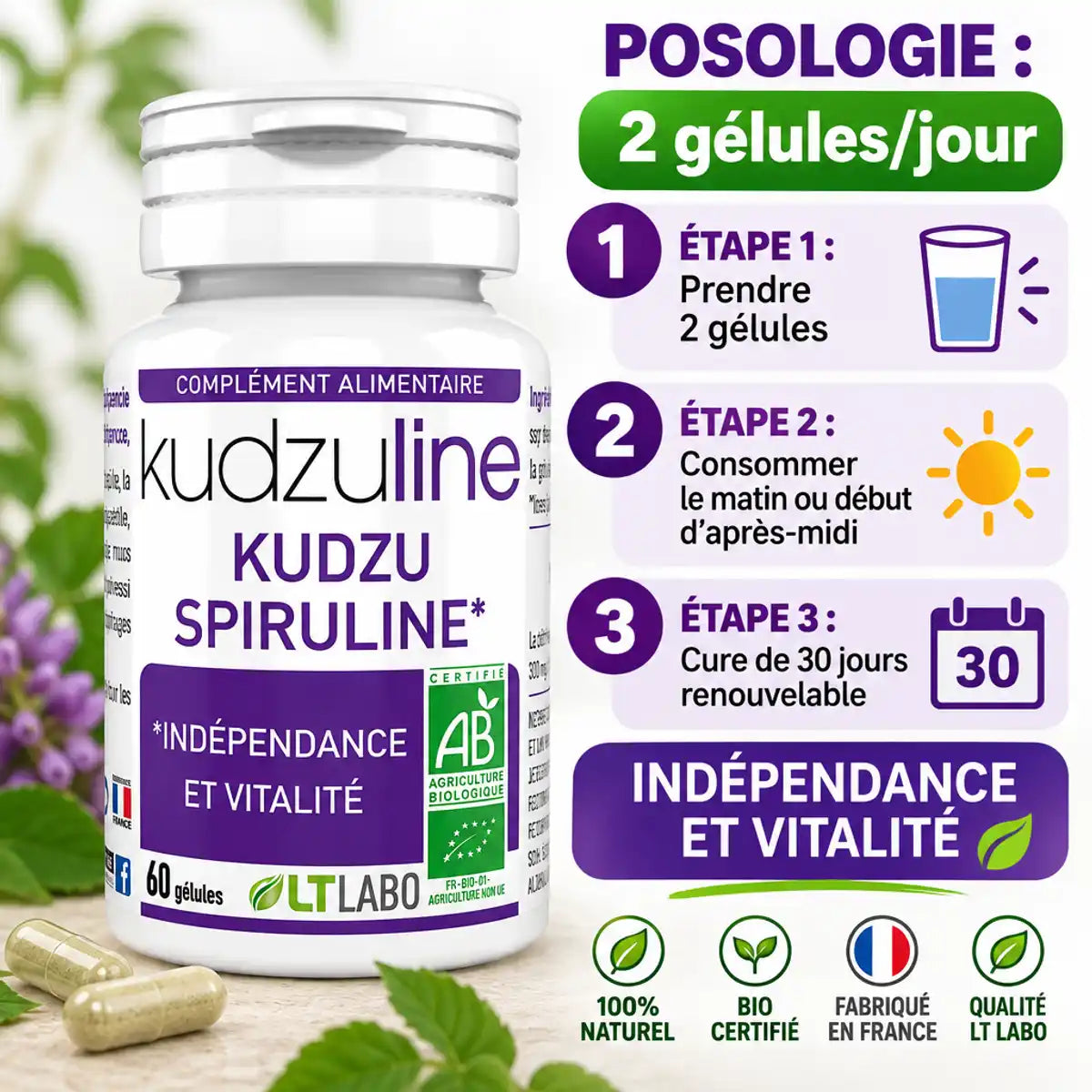Kudzuline BIO LT Labo 60 gélules avec posologie et infographie d'utilisation en 3 étapes