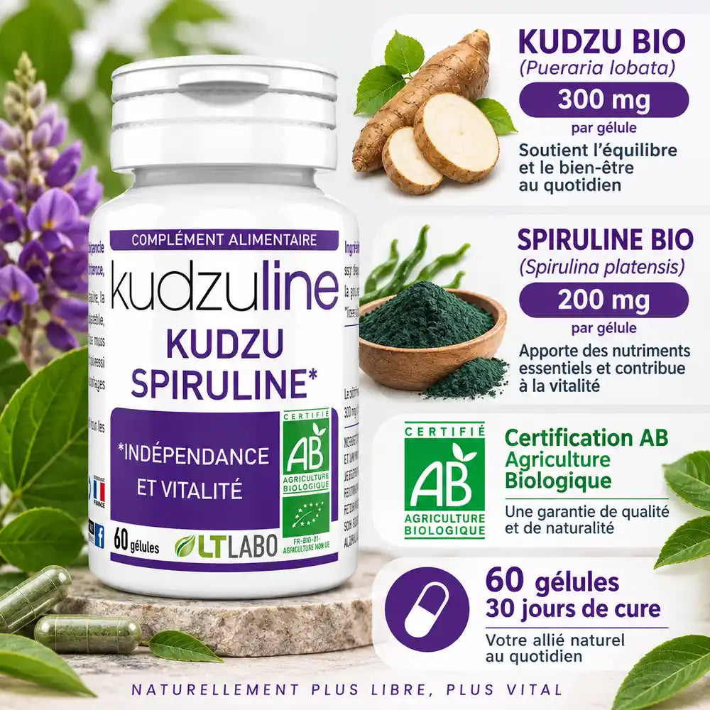 Kudzuline BIO LT Labo - Flacon complément Kudzu & Spiruline 60 gélules avec ingrédients