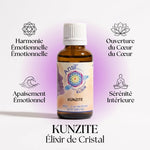 Kunzite Élixir de cristal Ansil 30ml avec icônes de bénéfices émotionnels sur fond blanc studio