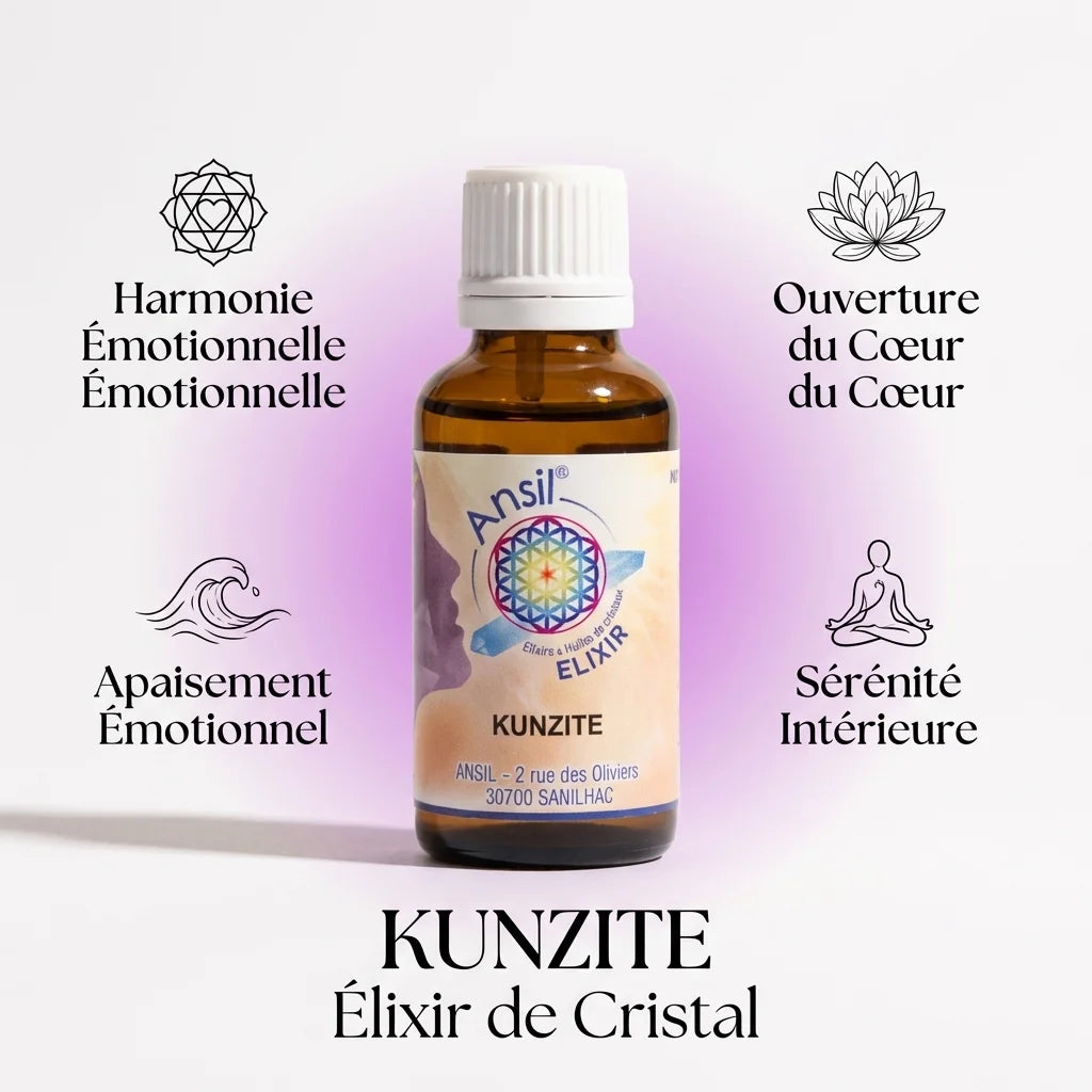 Kunzite Élixir de cristal Ansil 30ml avec icônes de bénéfices émotionnels sur fond blanc studio