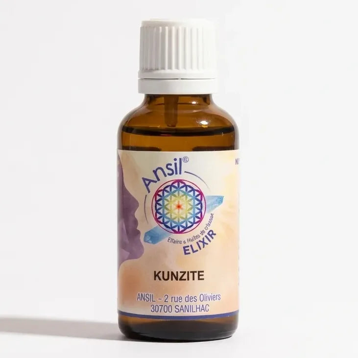 Bouteille Kunzite Elixir de Cristal 30ml Ansil avec logo mandala violet sur fond blanc