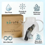 Kyuké carafe filtrante 1.8L binchotan avec infographies bénéfices eau pure et bien-être