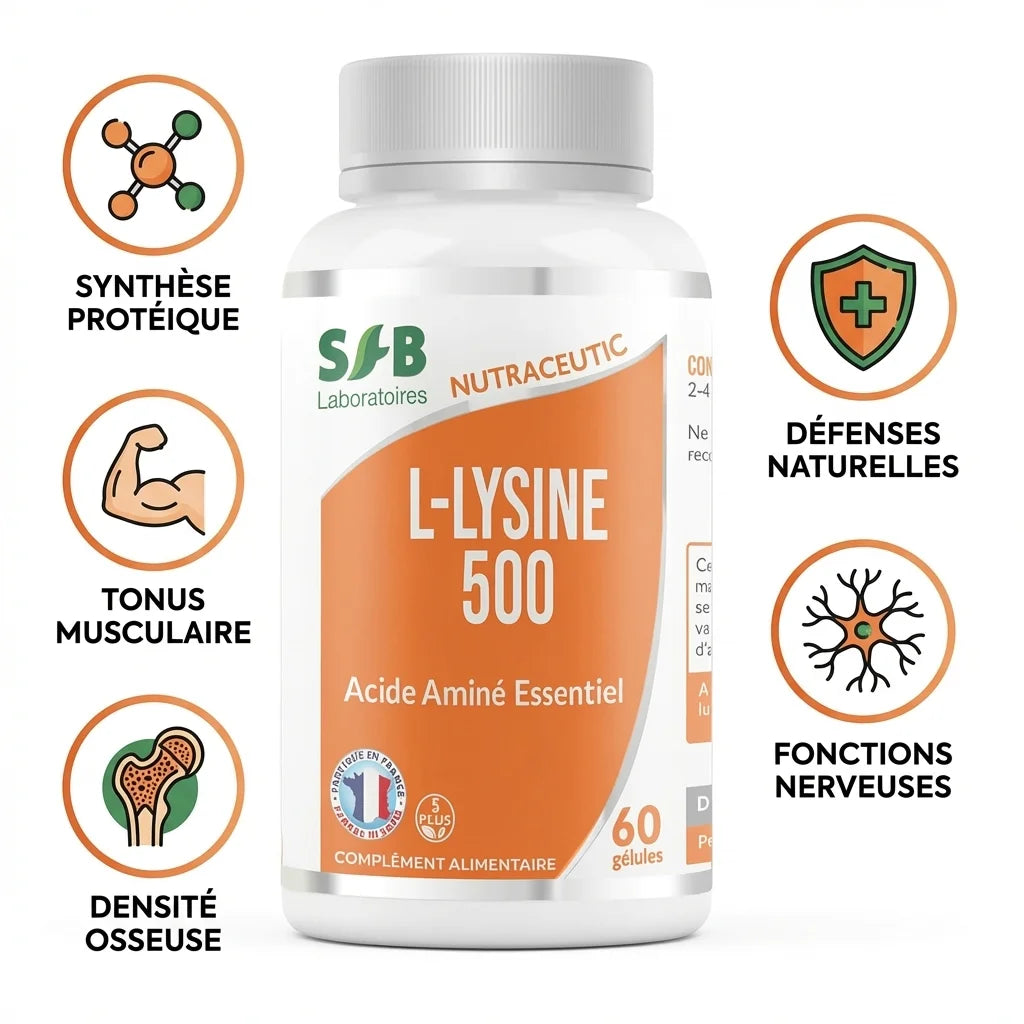 L-lysine 500 gélules SFB avec icônes bénéfices : synthèse protéique, tonus musculaire, densité osseuse