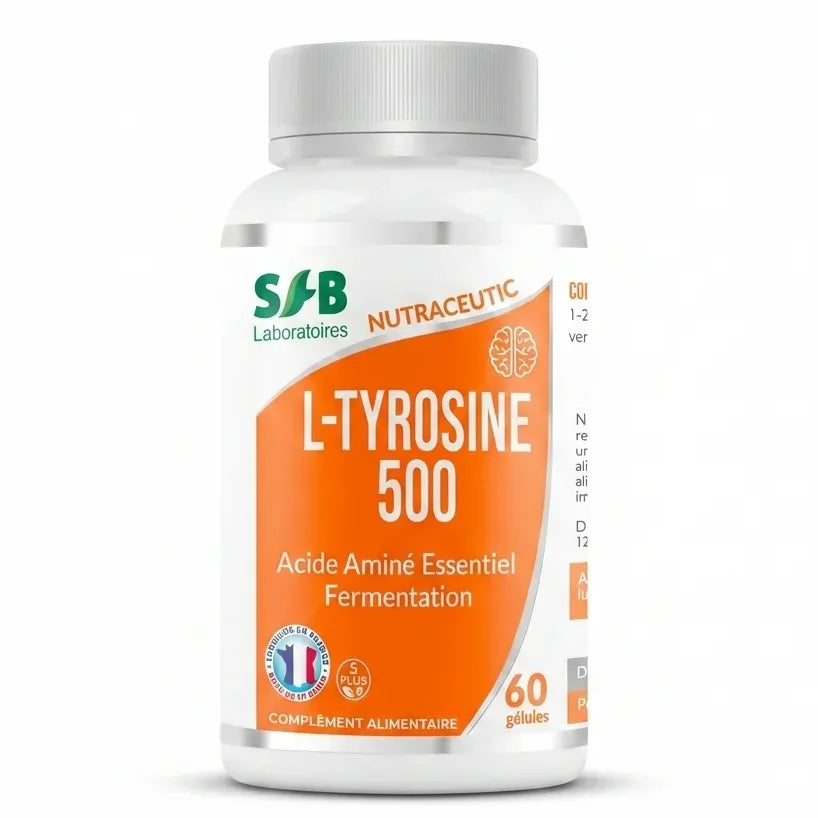 L-Tyrosine 500mg SFB Laboratoires flacon 60 gélules sur fond blanc