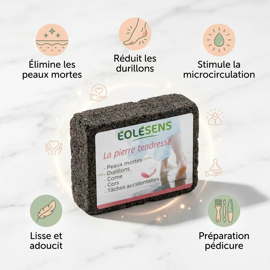 Pierre ponce Eolesens La Pierre Tendresse avec 5 bénéfices pour soigner les pieds et éliminer les peaux mortes
