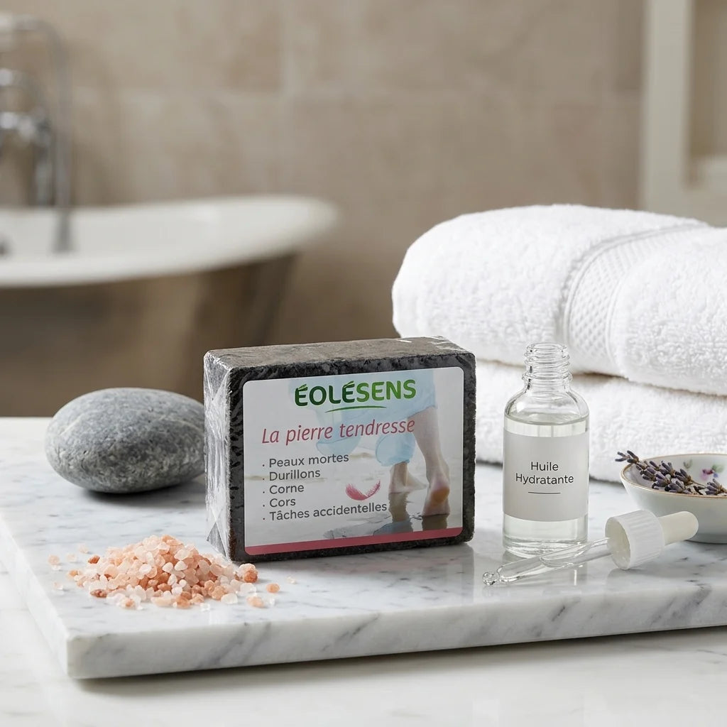 Pierre ponce Eolesens La Pierre Tendresse avec accessoires spa sur surface marbre luxe