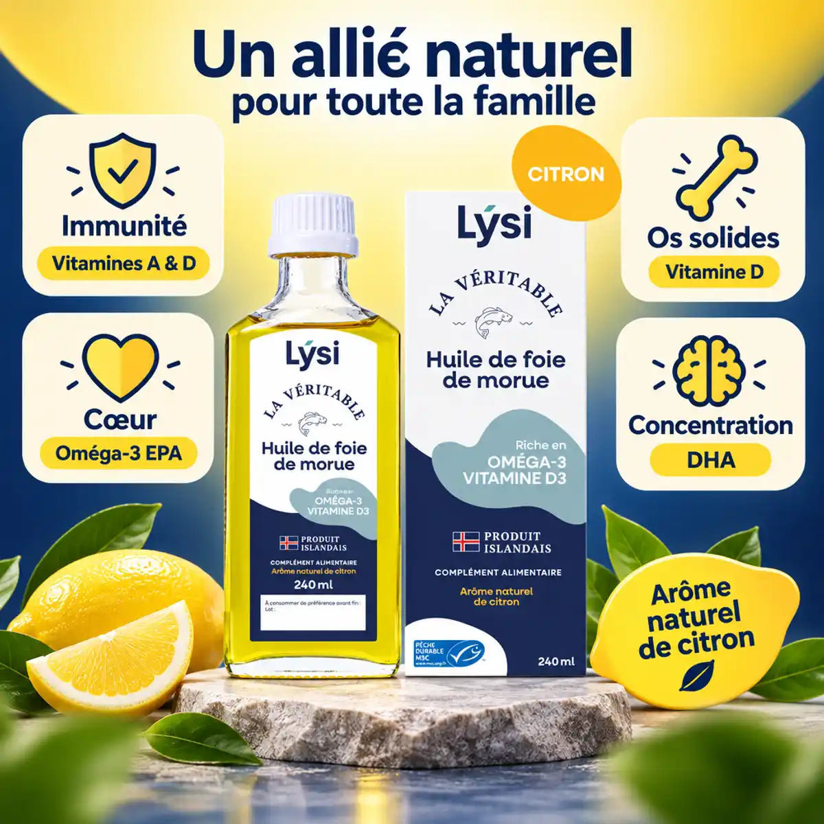 Lýsi huile de foie de morue goût citron 240 ml : flacon et boîte avec vitamines A, D, oméga-3 EPA et DHA