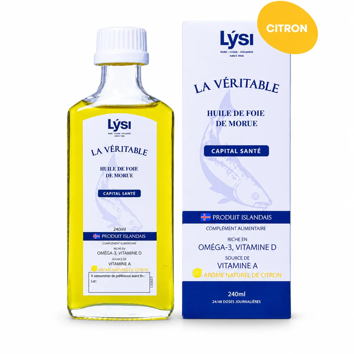 Huile de Foie de Morue Lysi 240ml saveur citron en flacon verre avec étiquette bleue
