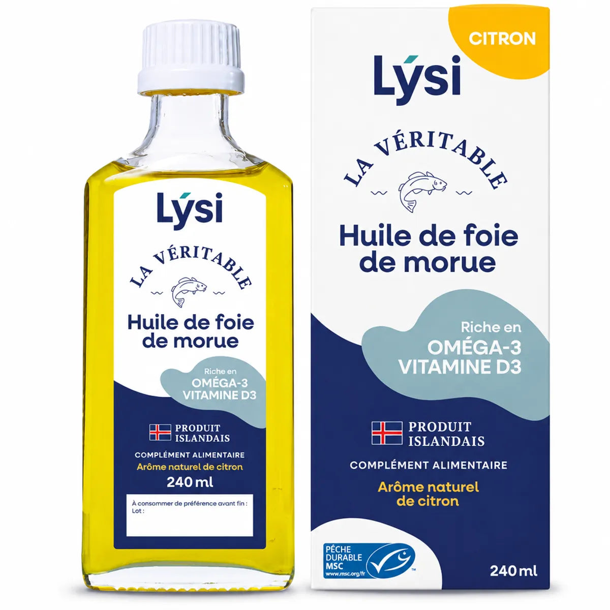 Flacon en verre de Lýsi La Véritable Huile de Foie de Morue goût citron 240 ml, avec son étui blanc et bleu marine