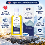 Huile de foie de morue Lýsi 240 ml goût neutre : flacon et bienfaits oméga-3, vitamines D et A