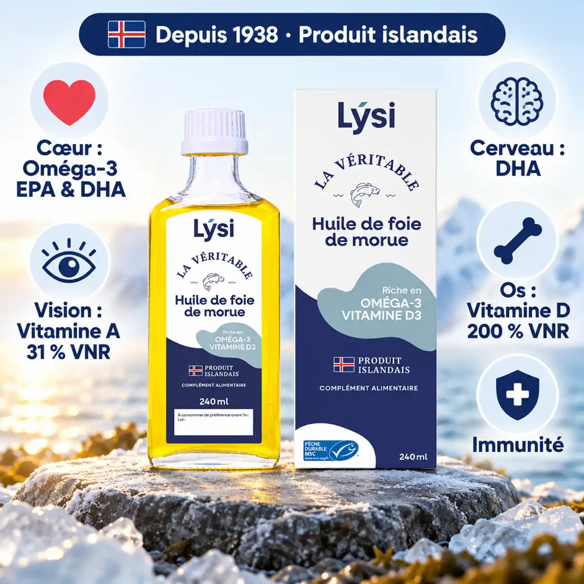 Huile de foie de morue Lýsi 240 ml goût neutre : flacon et bienfaits oméga-3, vitamines D et A