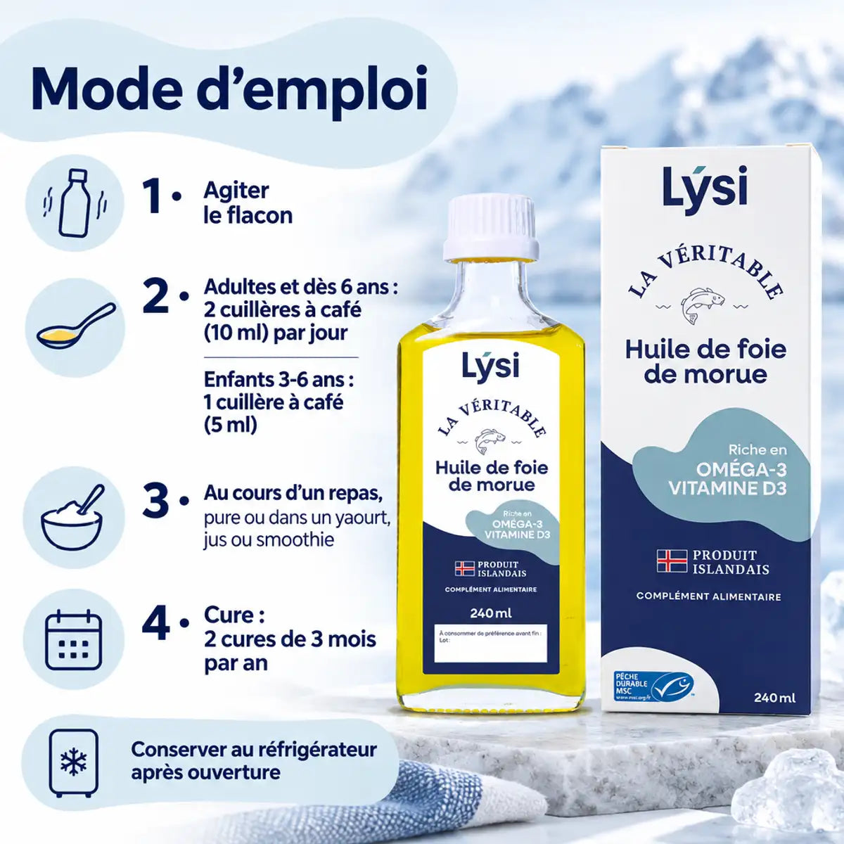 Huile de foie de morue Lysi goût neutre 240 ml à côté d'un guide de dosage en 4 étapes sur fond blanc et bleu nordique
