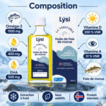 Flacon et étui de l'huile de foie de morue Lýsi 240 ml, goût neutre, avec infographie sur les oméga-3, vitamines A et D.