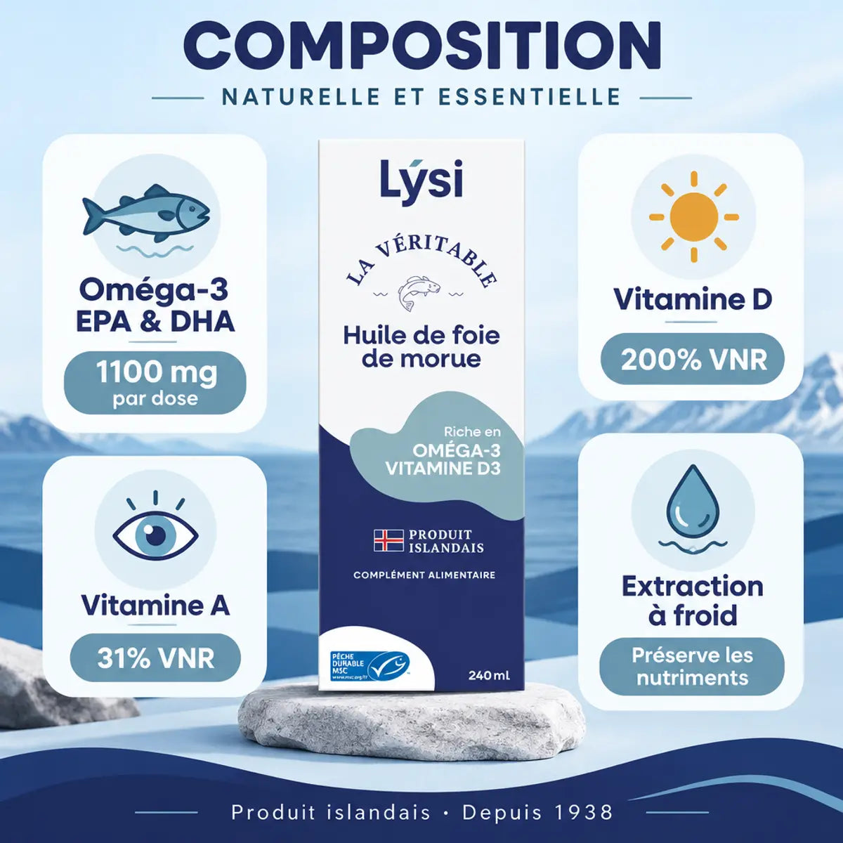 Huile de foie de morue Lýsi 240 ml goût neutre : composition en oméga-3 EPA et DHA, vitamines D et A, extraction à froid