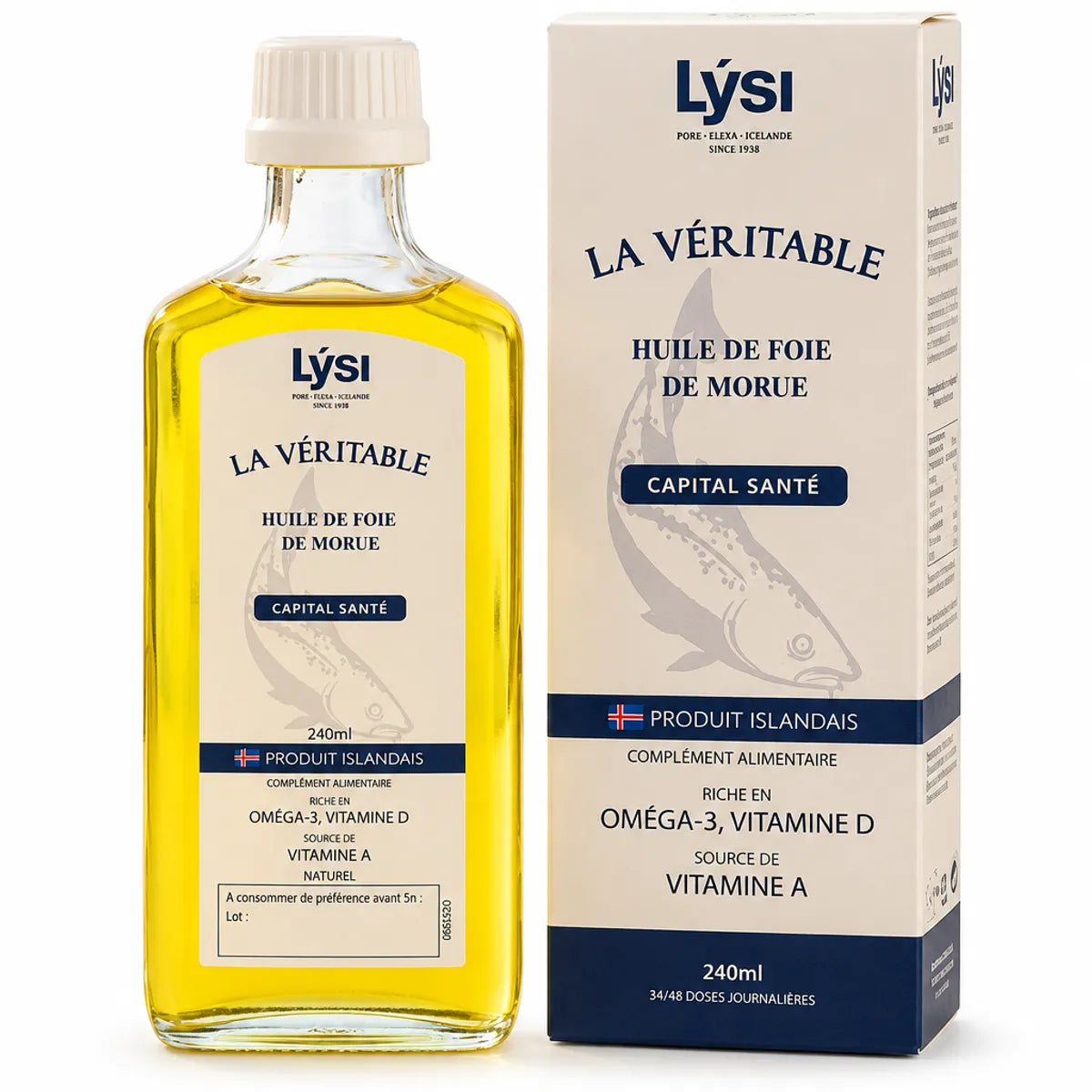 Huile de Foie de Morue Lysi 240ml bouteille dorée avec boîte beige et étiquette navy