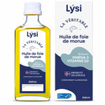 Flacon en verre de huile de foie de morue Lýsi La Véritable 240 ml, goût neutre, riche en oméga-3 et vitamine D3