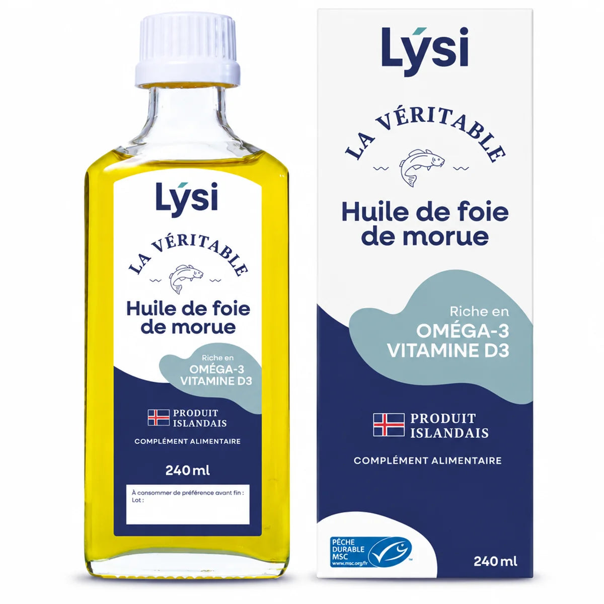 Flacon en verre de huile de foie de morue Lýsi La Véritable 240 ml, goût neutre, riche en oméga-3 et vitamine D3