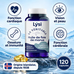 Flacon Lysi La Véritable Huile de Foie de Morue : oméga 3, vitamines A et D, 120 capsules, origine islandaise