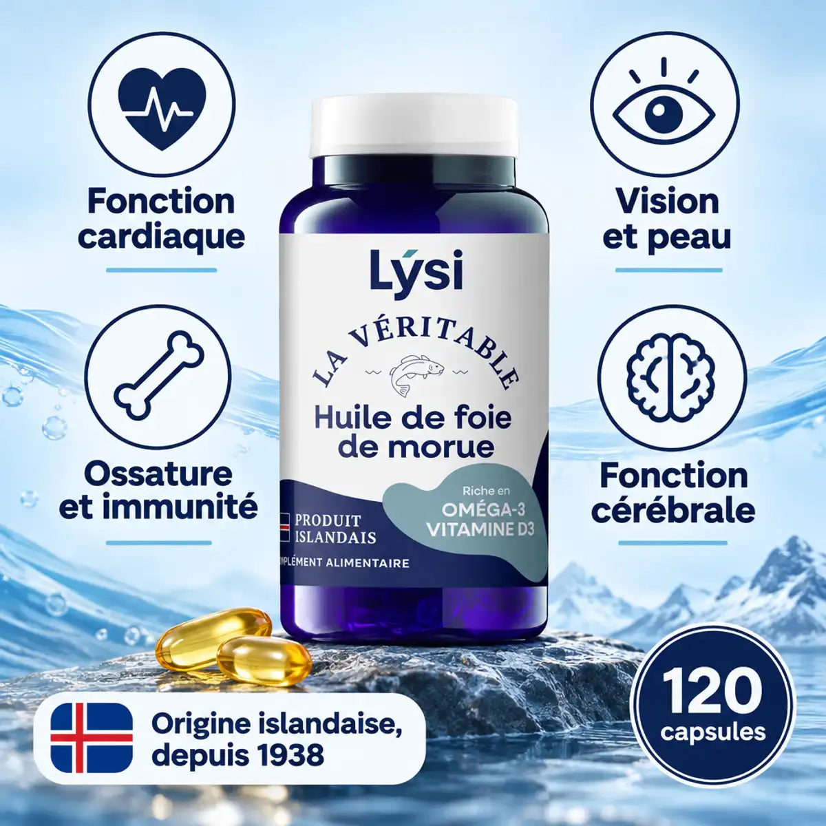 Flacon Lysi La Véritable Huile de Foie de Morue : oméga 3, vitamines A et D, 120 capsules, origine islandaise