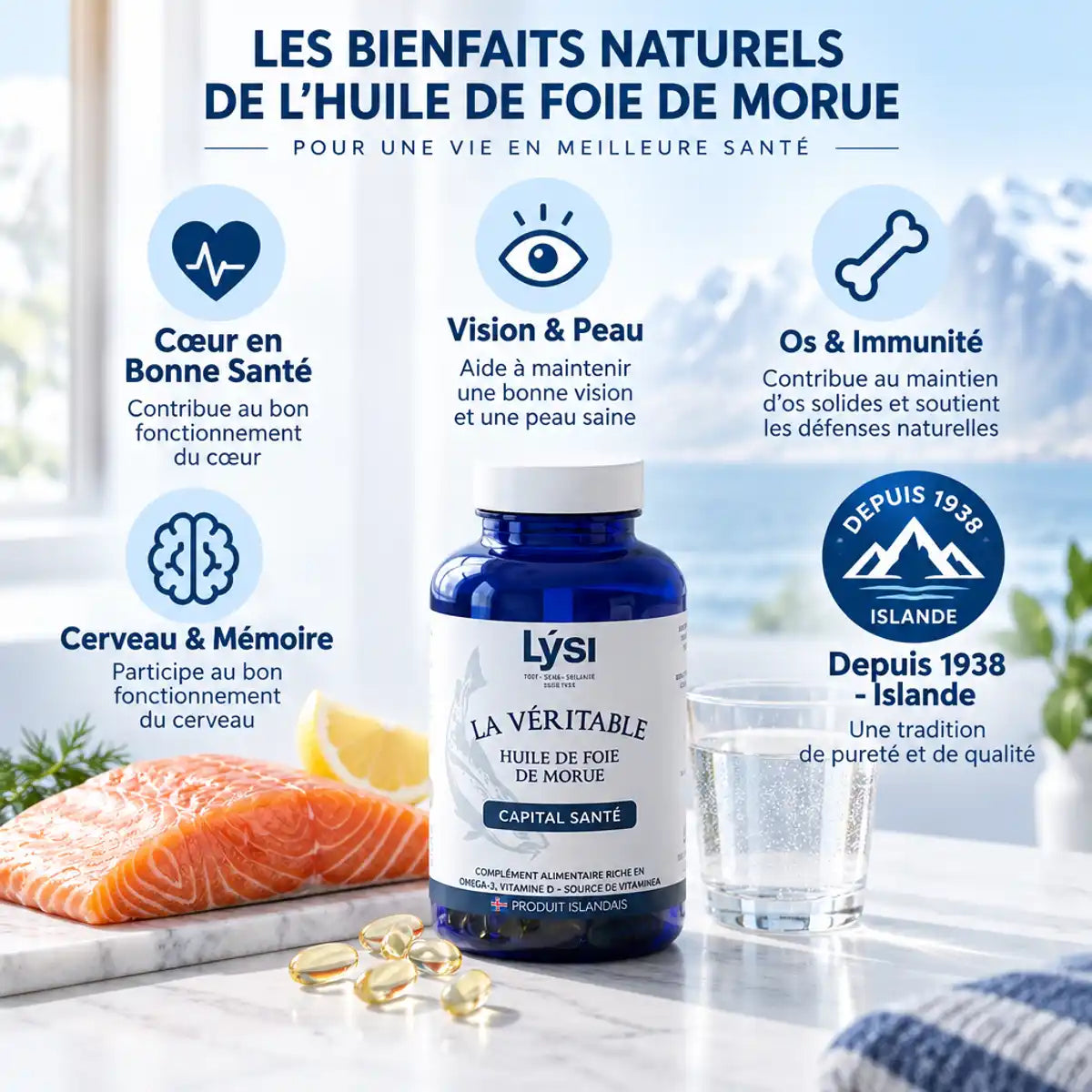 Lysi Huile de Foie de Morue 120 capsules avec bénéfices santé : cœur, vision, os, cerveau et immunité