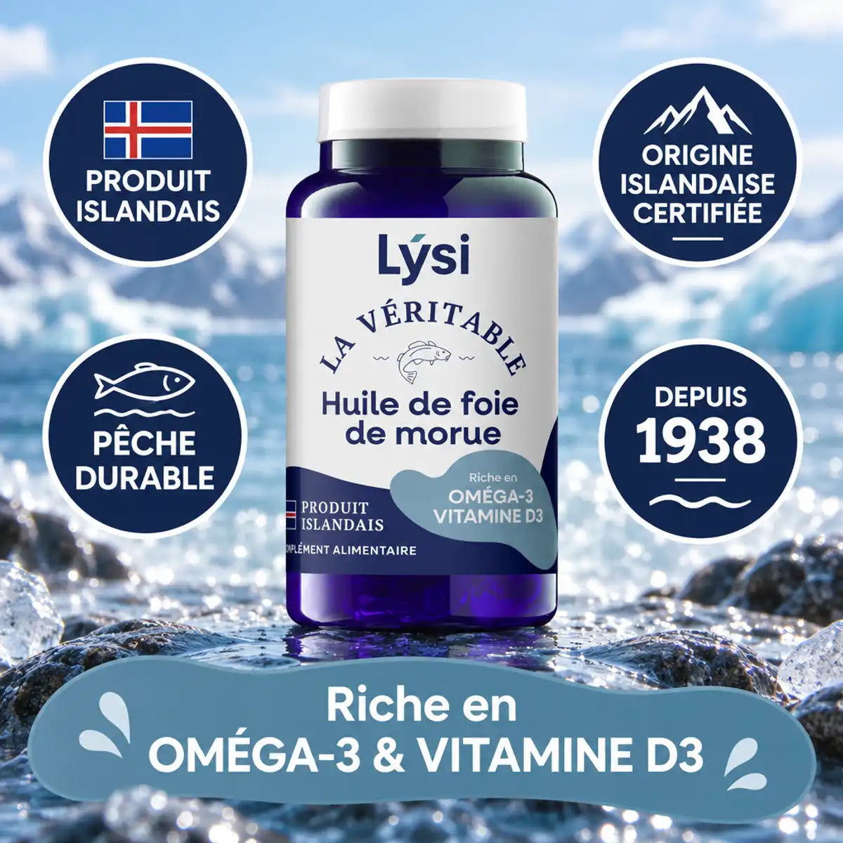 Flacon de Lysi Huile de Foie de Morue islandaise, 120 capsules, sur fond bleu clair, avec badges "Pêche durable" et "Depuis 1938"