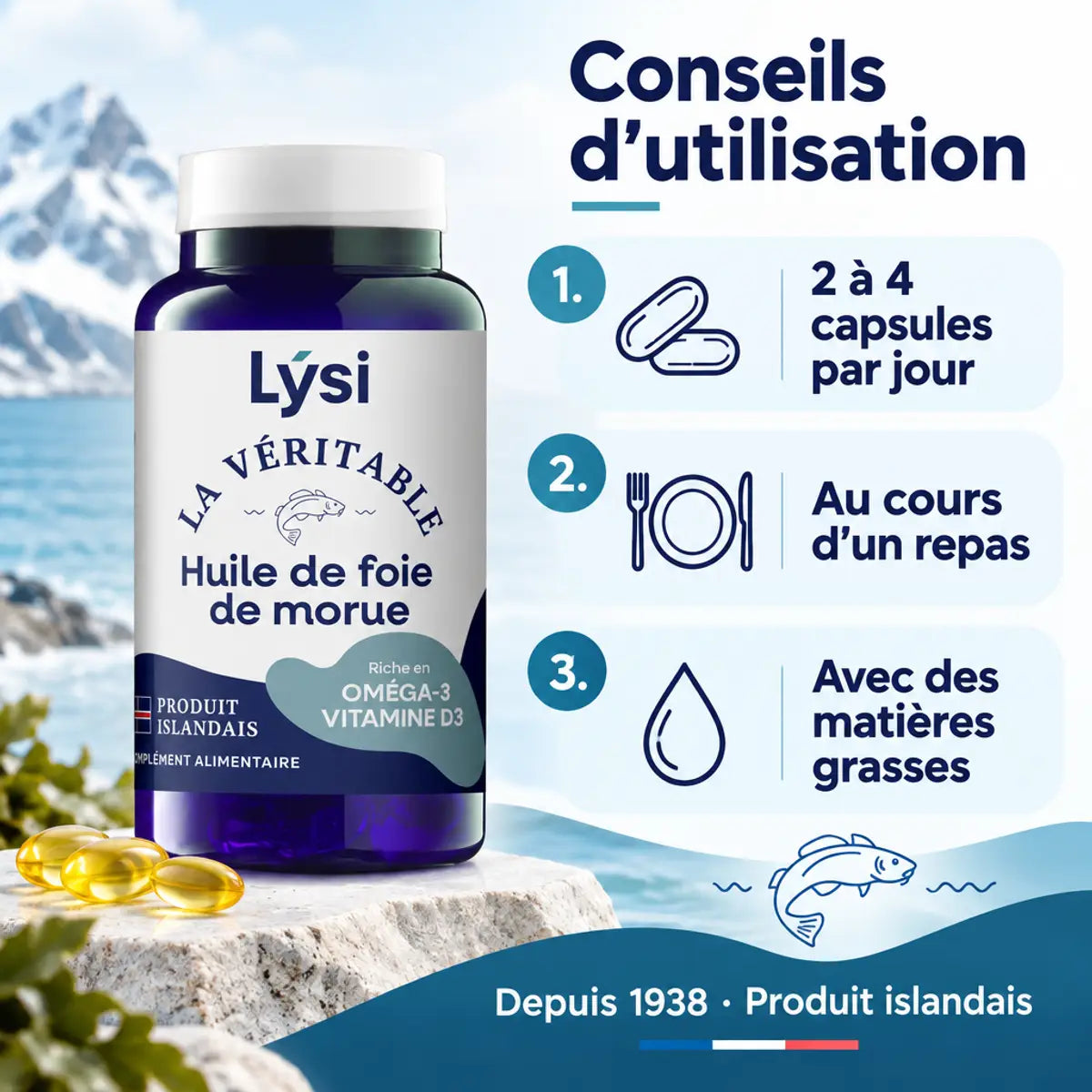 Lysi Huile de foie de morue 120 capsules : flacon bleu, guide d'utilisation en 3 étapes, oméga 3, vitamines A et D