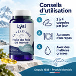 Lysi Huile de foie de morue 120 capsules : flacon bleu, guide d'utilisation en 3 étapes, oméga 3, vitamines A et D