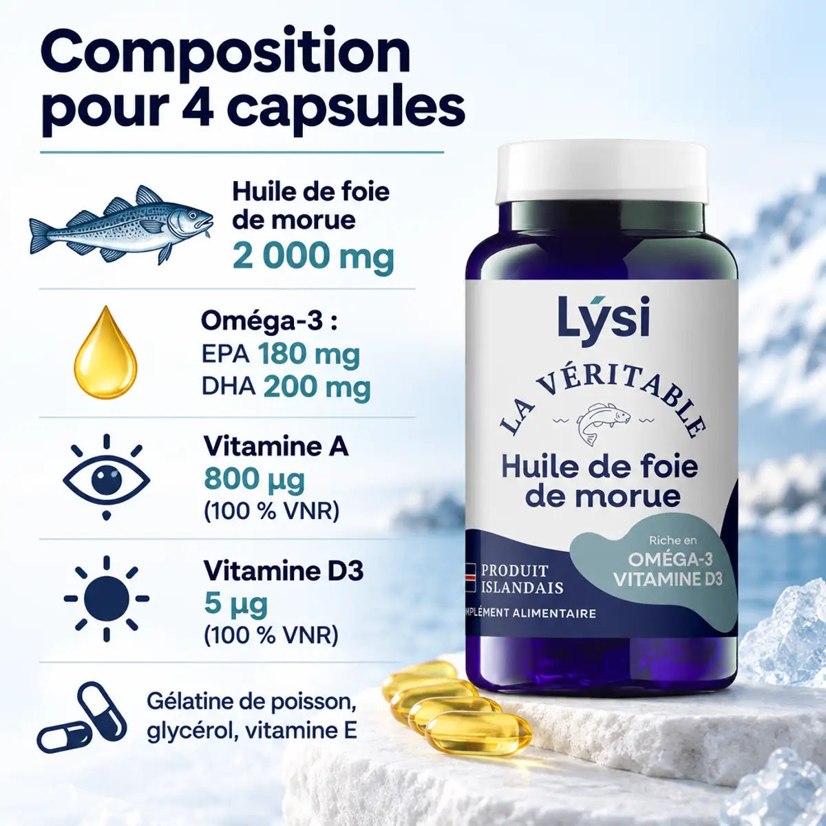 Lysi Huile de foie de morue 120 capsules : oméga-3, vitamines A et D, composition détaillée sur fond blanc