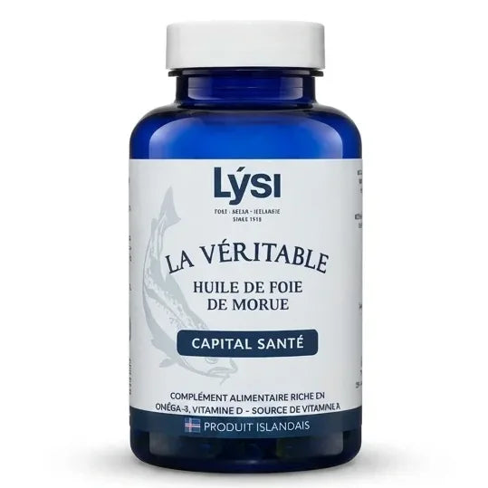 Flacon Huile de Foie de Morue Lysi en verre bleu avec capsules Oméga 3, Vitamines A et D