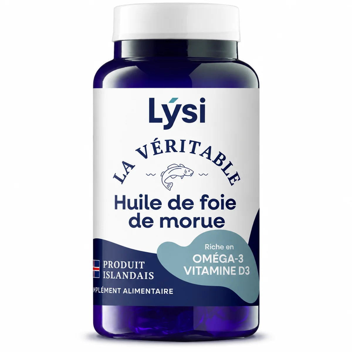 Flacon de Lysi La Véritable huile de foie de morue, 120 capsules riche en oméga-3 et vitamine D3, produit islandais