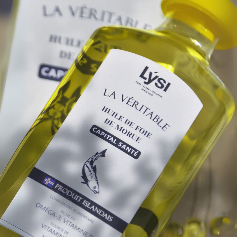 Zoom sur une bouteille d'huile de foie de morue goût neutre de la marque Lysi