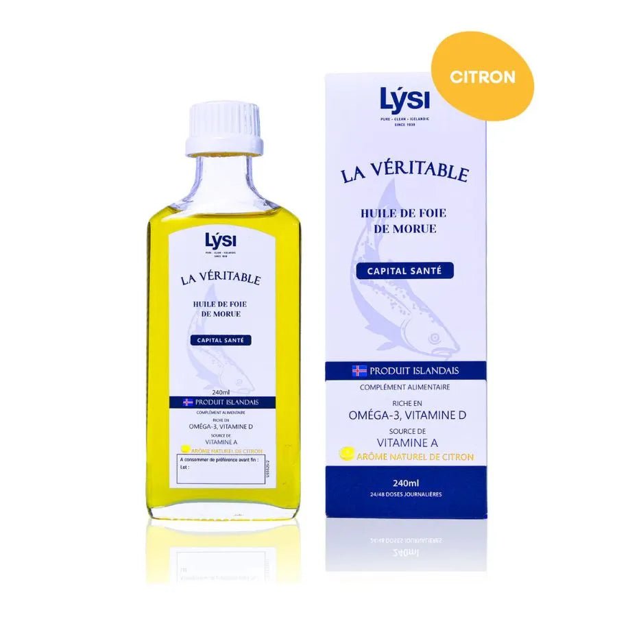Une bouteille de véritable huile de foie de morue goût citron de la marque Lysi