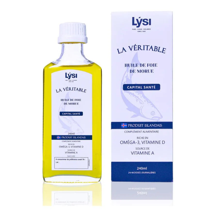 Une bouteille d'huile de foie de morue goût neutre de la marque Lysi