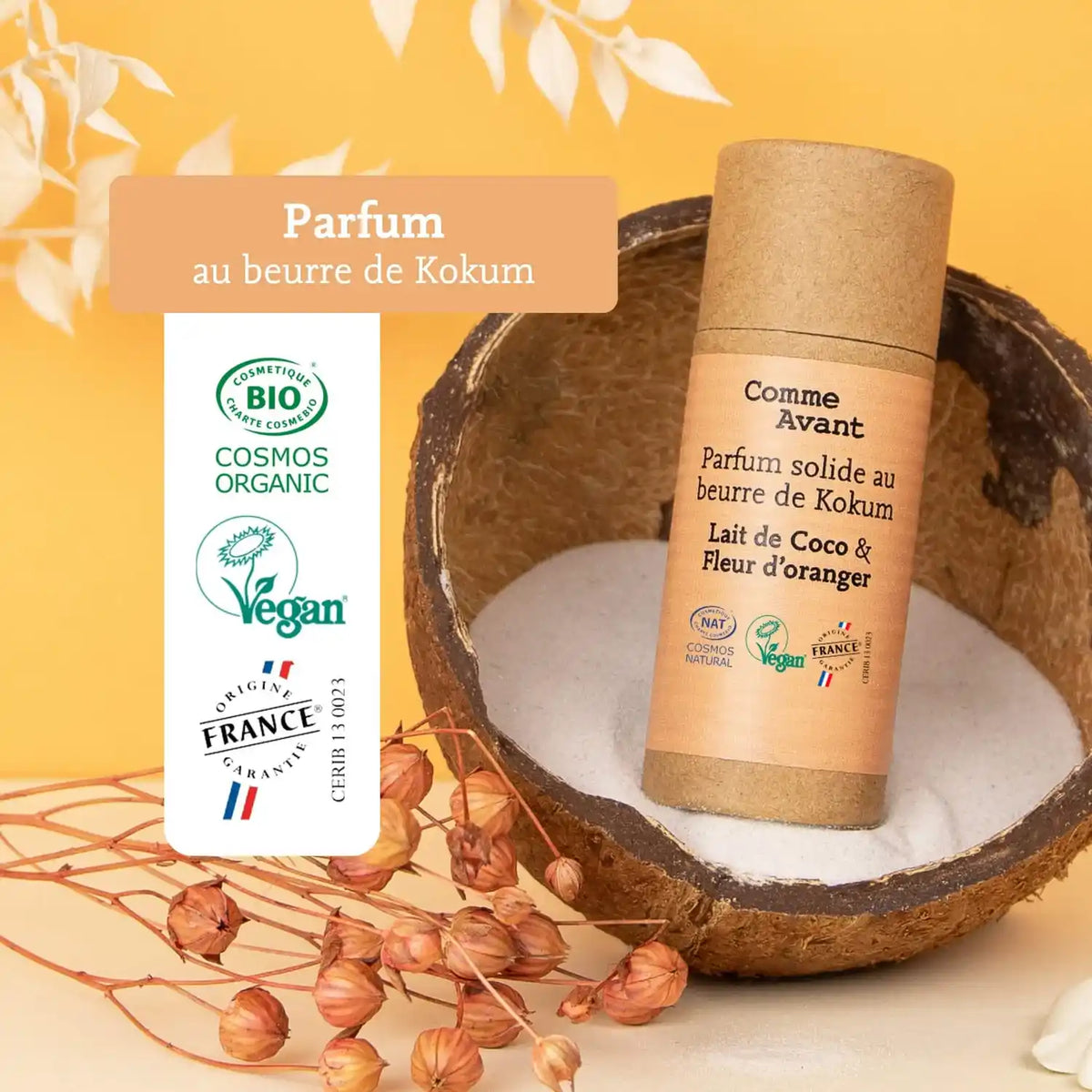 Les labels du Parfum solide au Lait de coco & Fleur d'oranger de Comme Avant