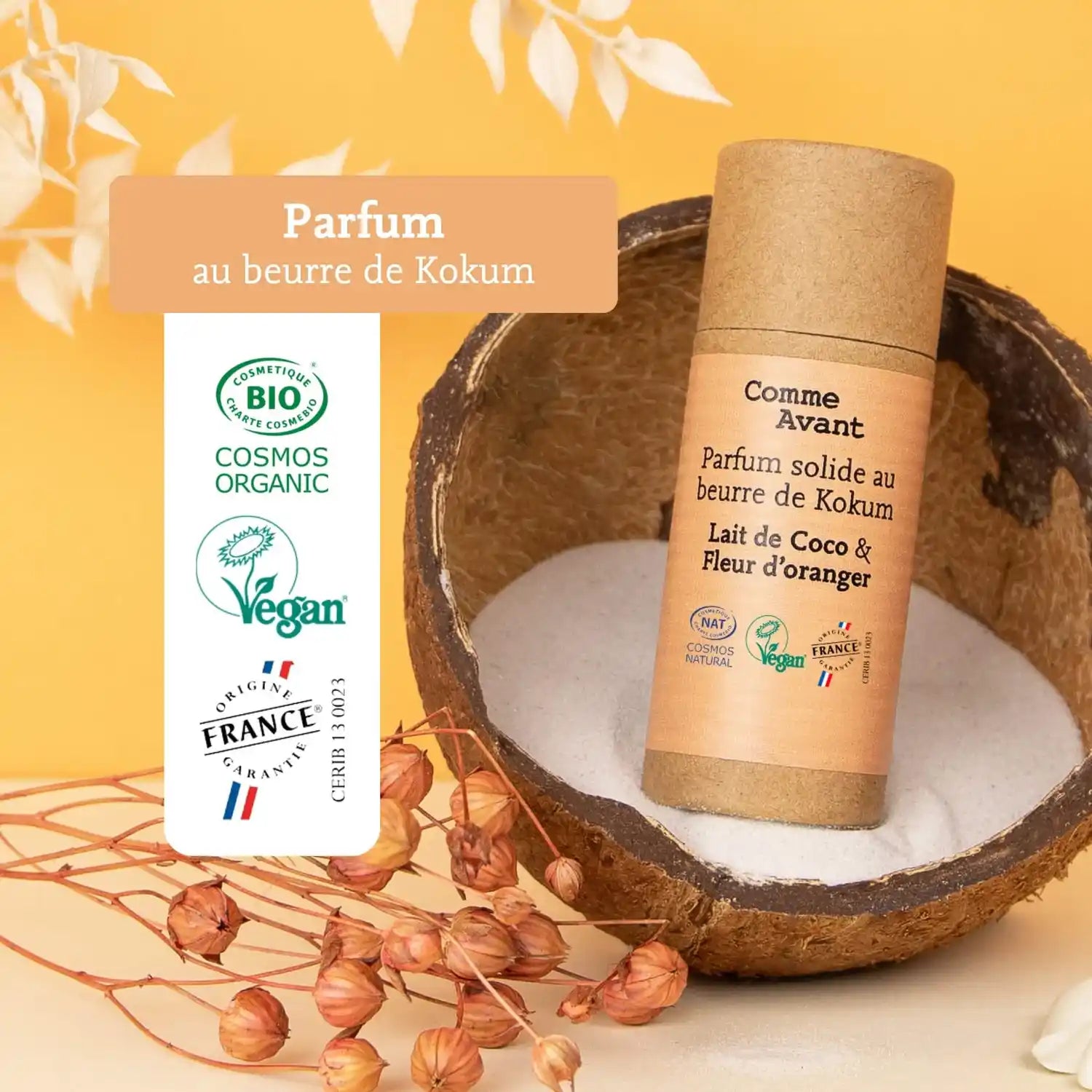 Les labels du Parfum solide au Lait de coco & Fleur d'oranger de Comme Avant