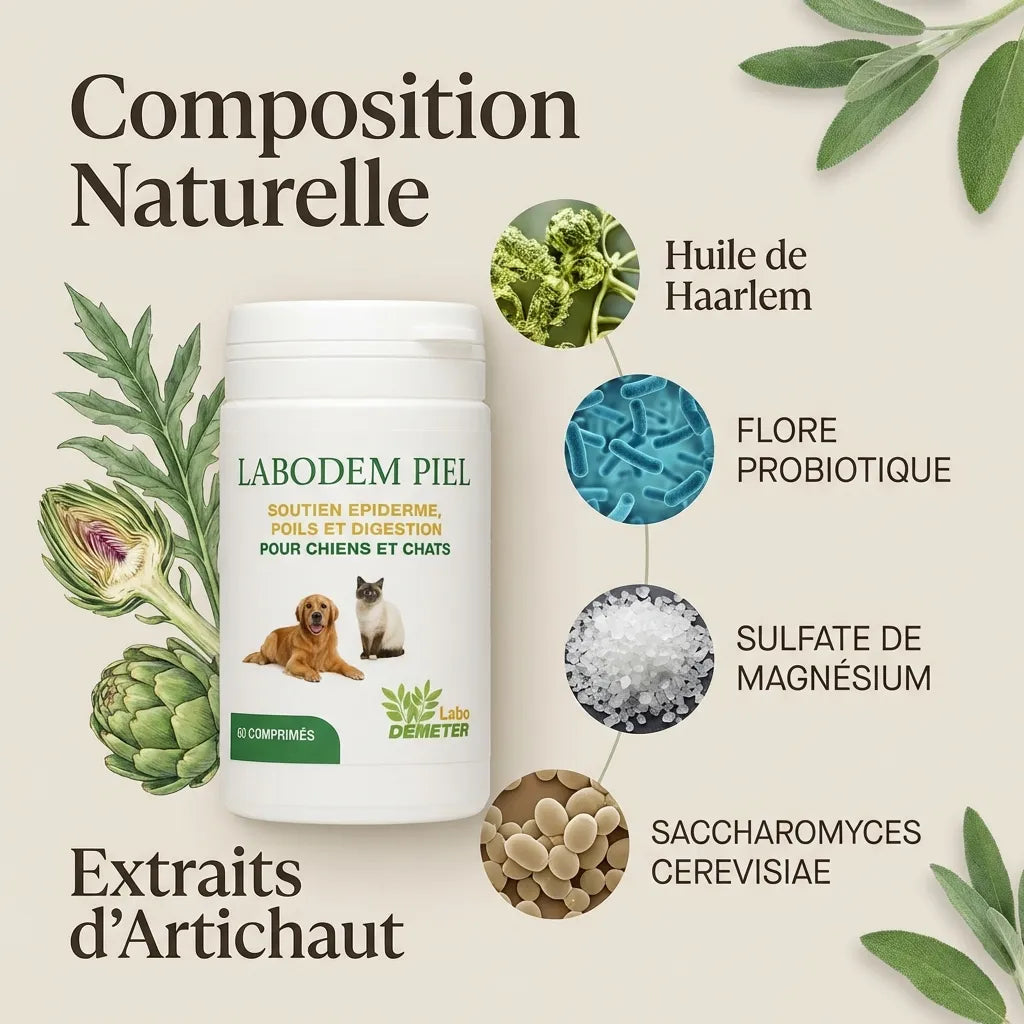 Labodem Piel flacon avec ingrédients naturels pour santé peau, poil et digestion chien chat