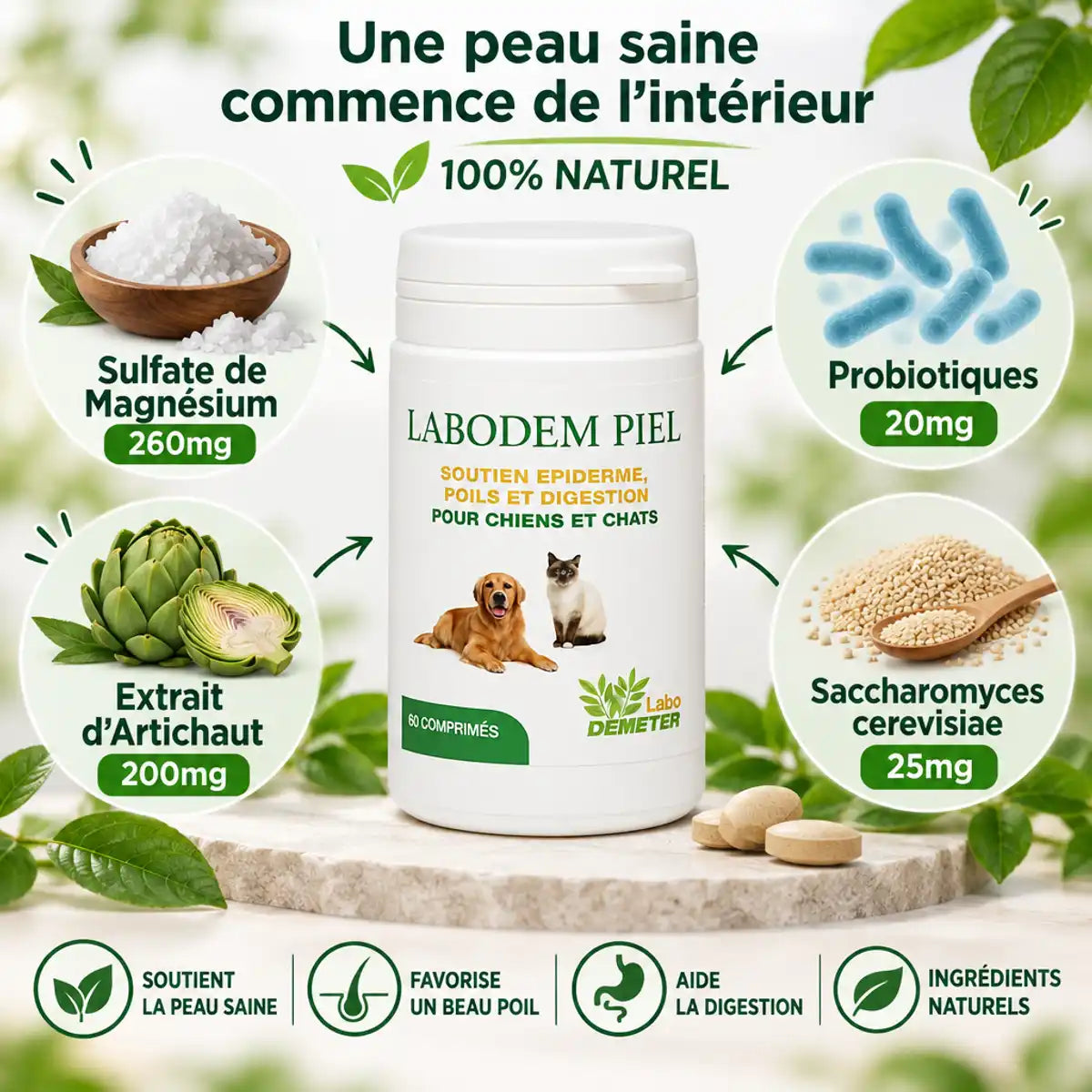 Labodem Piel complément naturel chien chat avec probiotiques, magnésium et artichaut