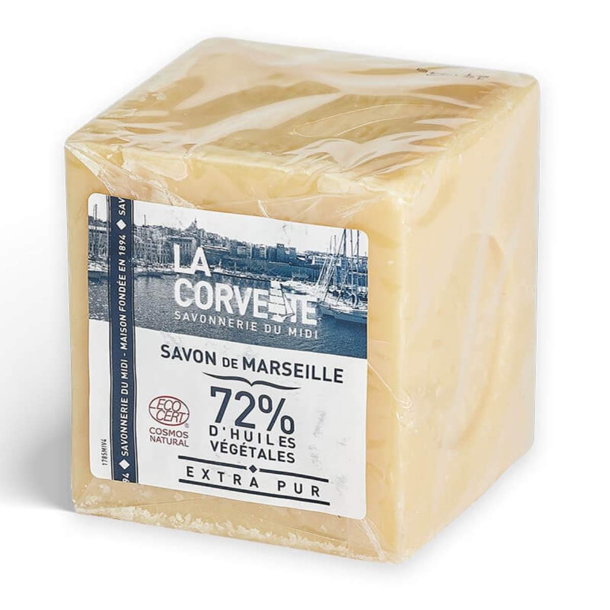 Cube Savon de Marseille 500g La Corvette 72% huiles végétales sur fond blanc