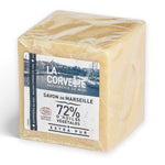 Cube Savon de Marseille 500g La Corvette 72% huiles végétales sur fond blanc