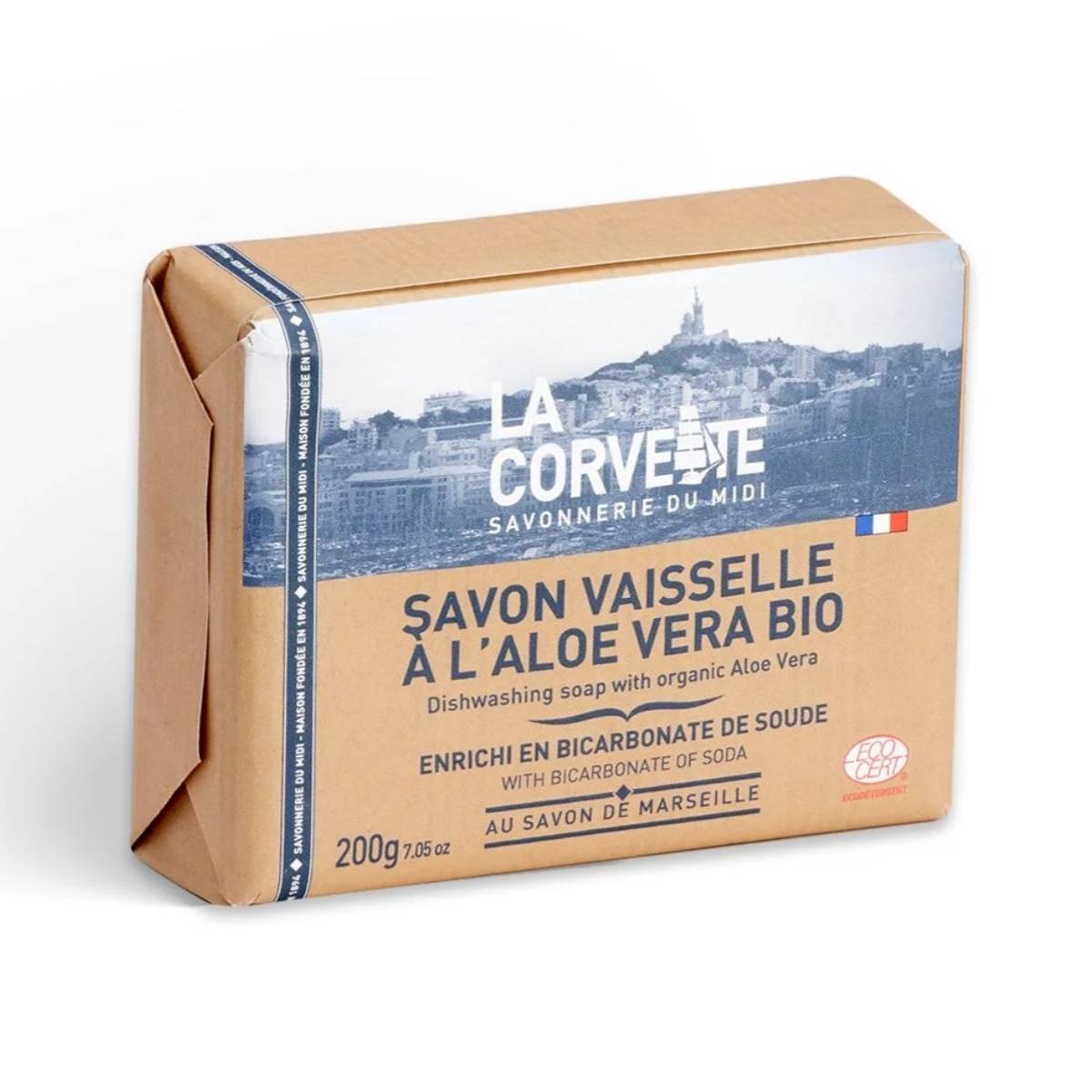 Savon vaisselle Aloe Vera 200g La Corvette en emballage kraft sur fond blanc