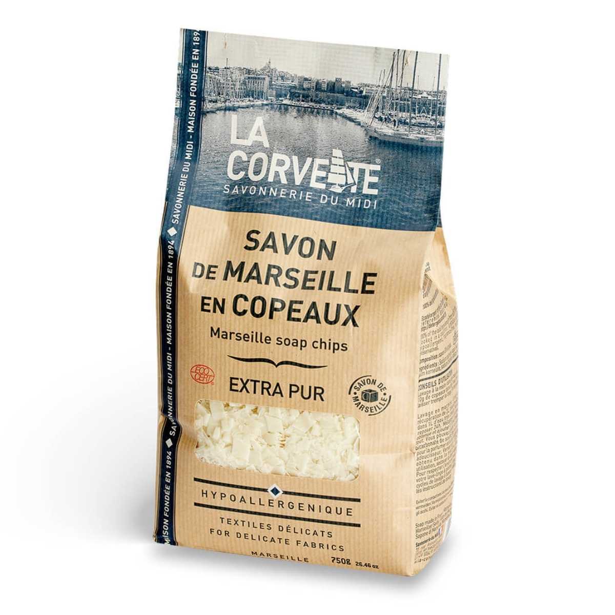 Savon de Marseille La Corvette 750g copeaux pur hypoallergénique emballage kraft