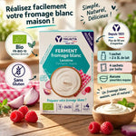 Lactaline fromage blanc bio Yalacta en sachets sur surface bois avec fruits frais et certifications